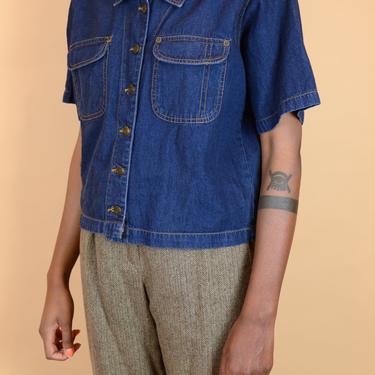 Vintage Denim Blue Jean Button Down Short Sleeve Shirt / Unisex Dark Wash 