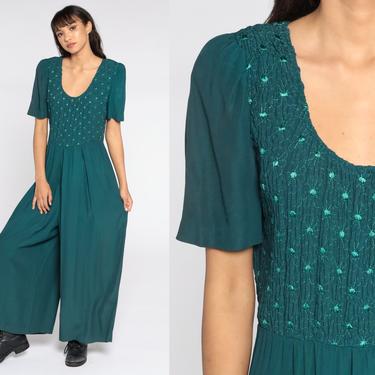 Wide Leg Jumpsuit 90s Green Jumpsuit 80s Puff Sleeve Pleated Pantsuit Button Up Vintage Romper Pants 1990s Embroidered Large 12 