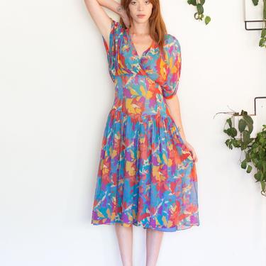 Vintage Hanae Mori Boutique Silk Chiffon Sheer Dress 1980s Floral sz S M Butterfly Rainbow Gathered Sleeves 80s does 20s 
