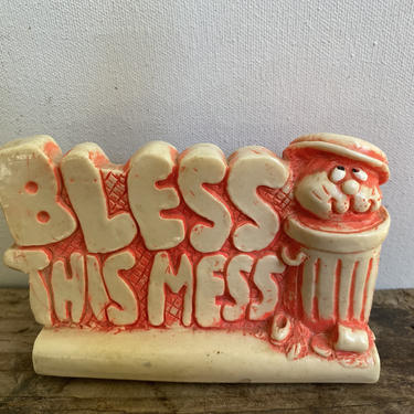 70's Vintage Bless This Mess Sign, Cat In Garbage Can, Office Gag Gift, 1976, Russ Berrie & Company, Made In U.S. 