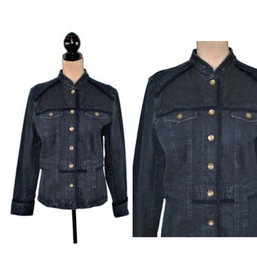Dark Wash Denim Jacket Women, Military Style Jean Jacket Large, Mandarin Collar Nehru with Velvet Piping, Vintage Clothing Jones New York 