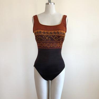 Orange and Brown Placement Print One-Piece Swimsuit - 1990s 
