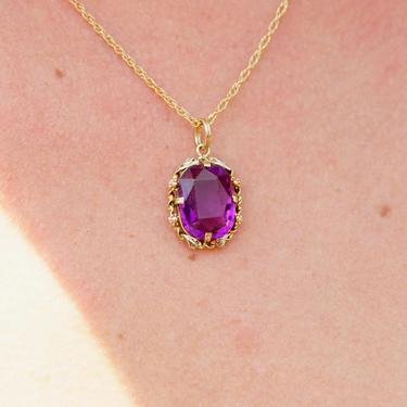 Vintage 10K Gold Amethyst Glass Pendant, Vibrant Purple & Yellow Gold Necklace Pendant, Ornate Gold Pendant With Oval Cut Glass 