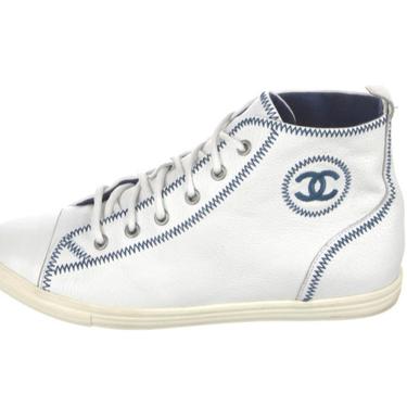 Vintage CHANEL CC Letters Logo White Blue High Tops Sneakers Trainers Lace Up Sport Line Shoes Eu 39.5 US 8.5 - 9 
