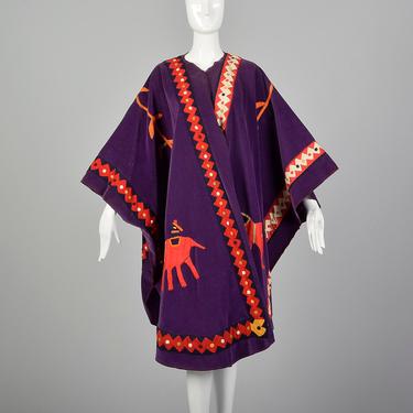 1970s Bohemian Folk Art Cape Coat Ethnic Purple Velvet Novelty Cape Primitive Applique 
