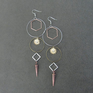 Long geometric earrings, Large bold statement earrings, unique modern earrings, ethnic earrings, mixed metal earrings, exotic eye of Horus 