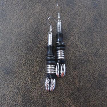 Cowrie shell earrings, black Afrocentric African tribal dangle earrings, abstract goth earrings, wire wrapped earrings, modern contemporary 