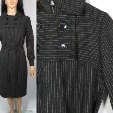 Vintage 60s Mod Gray Pinstripe Wool Empire Waist Fall Dress Made In USA Size XS 