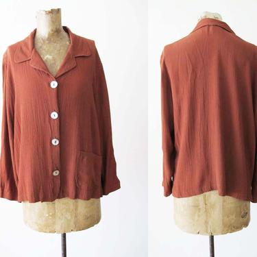Vintage 90s Rust Brown Blouse S M - 1990s Earth Tone Long Sleeve Collared Button Up Shirt - Minimalist Clothing - Shell Buttons 
