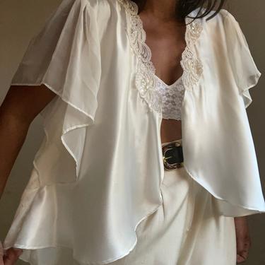 vintage lace trim open front exaggerated flutter sleeve lounging jacket 