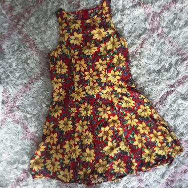 Vintage 90s Sleeveless Red Sunflower Mini Dress XS 
