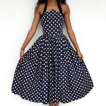 Absolutely Incredible 1950's Neusteters Denver Designer Silk Blue and White Polka Dot Fit and Flare Dress 