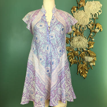 1970s Indian blouse, vintage tunic, paper this cotton, adini dress, metallic thread, flutter sleeves, bohemian, medium, gauze block print 