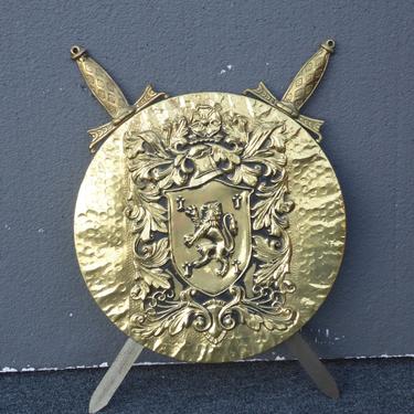 Vintage Coat of Arms Medieval Gold Plaque Picture w Two Swords 