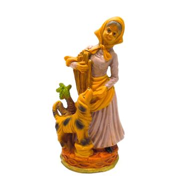 VINTAGE: Old Molded Figurine - Lady with Dog Figurine - Molded Plastic Resin Figurine - Handcrafted - Hand Painted - SKU 243-C-00010459 