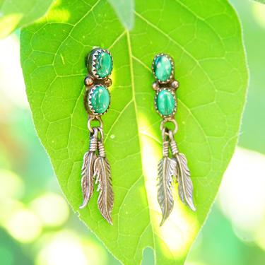 Vintage Native American Sterling Silver Malachite Feather Dangle Earrings, Banded Green Gemstone, Silver Feather Tassels, 1 3/4&amp;quot; L 