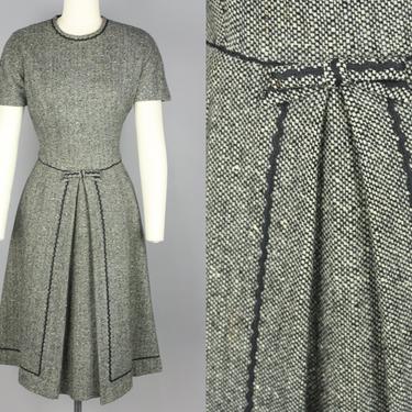 1960s Lanz Tweed Dress | Vintage 50s 60s Black &amp; White Wool Day Dress | small / medium 