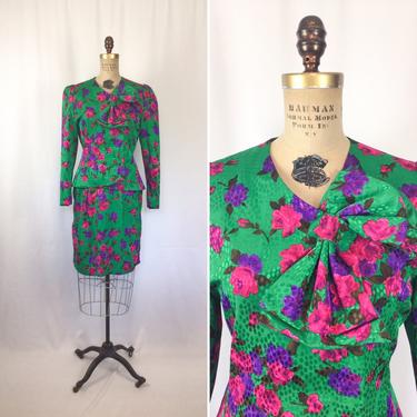 Vintage 80s suit | Vintage floral silk two piece suit | 1980s Lilli Ann jacket skirt suit 