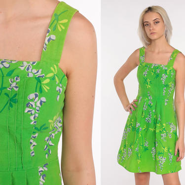 Malia Hawaii Dress 70s Summer Sun Boho 70s Sundress Mini Hawaiian Green Floral Dress Vintage 1970s Bohemian Hippie High Waist Extra Small xs 