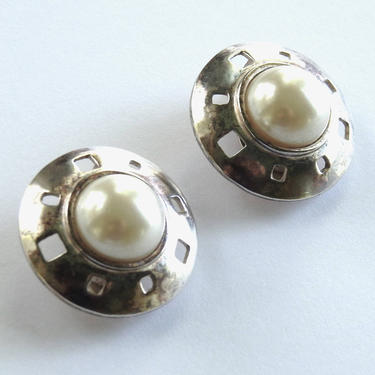 Karl Lagerfeld Modernist Silver and Faux Pearl Earrings 