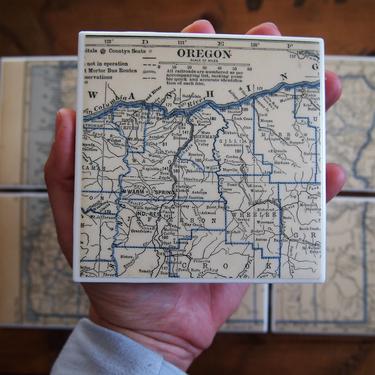 1931 Oregon Vintage Map Coasters - Ceramic Tile Set of 6 - Repurposed 1930s Hammond Atlas - Handmade - Pacific Northwest Portland Bend Salem 