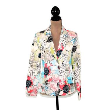 Floral Silk Jacket Embroidered Blazer Women Small Mod Colorful Print White with Light Blue & Coral Pink Lightweight Spring Summer Chicos 