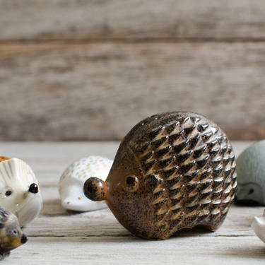 Vintage Miniature Ceramic Clay Porcelain Brown Animals Hedgehogs Miniature Figurines Porcupines - Mid Century 