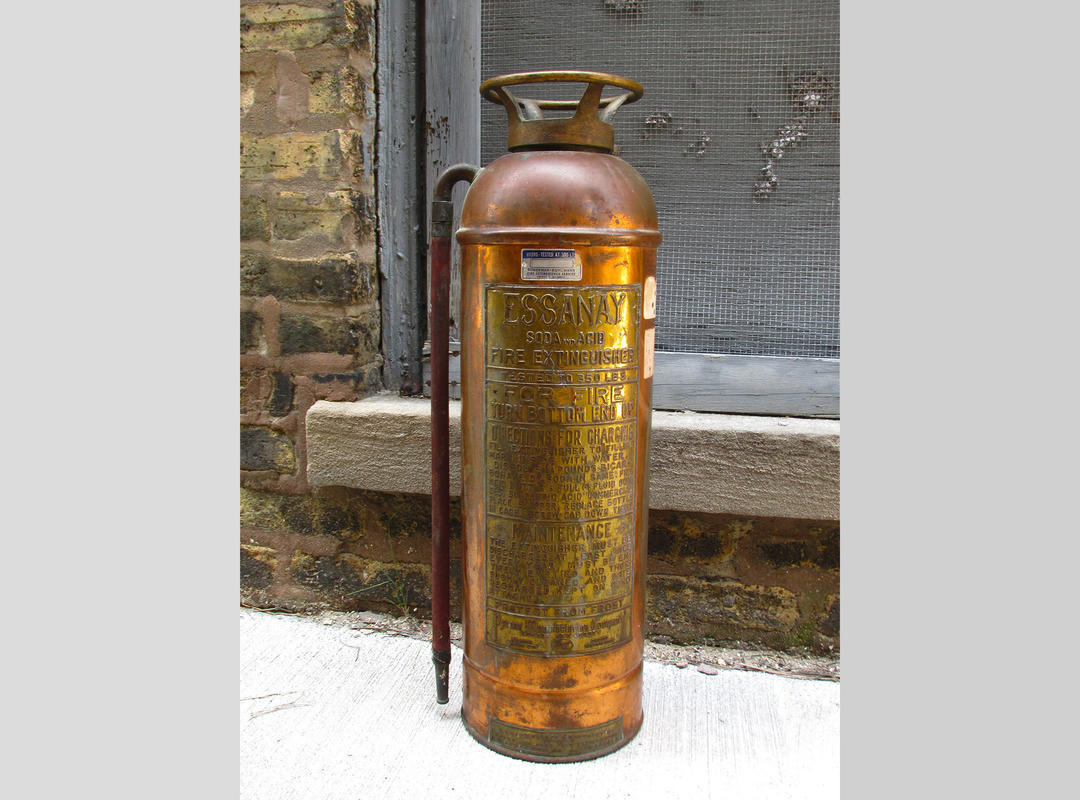 Antique Fire Extinguisher Essanay Pyrene Original Hose and Valve Fly Times Vintage Chicago, IL