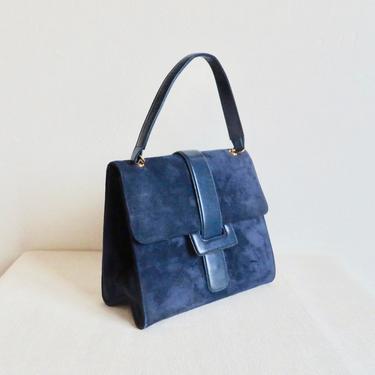 Vintage 1960's Navy Blue Suede Structured Purse Top Handle Gold Hardware Mod Retro 60's Handbags Sydney California 