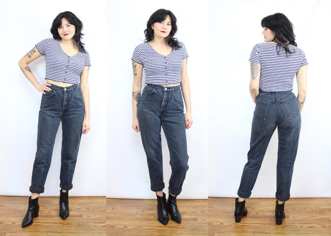 Vintage 90&#39;s Black Denim Klein High Waisted Jeans / tapered Jeans / Women&#39;s Size Small- Smallish Medium 27&quot; Waist Size 6 by RubyThreadsVintage from Ruby Threads Vintage of Silver