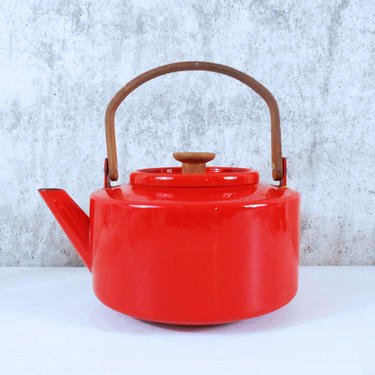 Copco Cherry Red Enamel Tea Kettle with Teak Handle and Knob by Michael Lax 