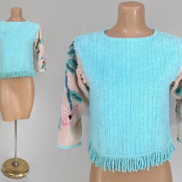 VINTAGE 1940s Ornate Fuzzy Chenille Cropped Beach Tunic Top With Fringe | Aqua Floral 40s Handmade Pajama Top, Bed Jacket, Sweater, Cover Up 