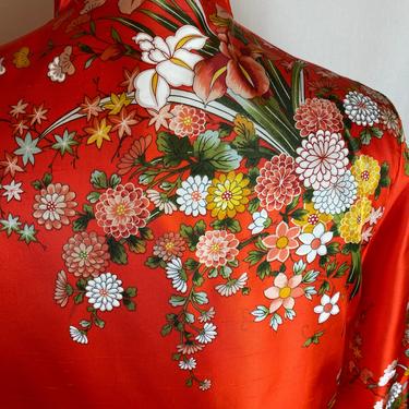 60’s Orange floral print cheongsam jacket~ kimono style boho duster with large pockets~ 1960’s retro 