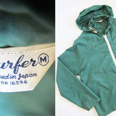 Vintage 60s Surf Windbreaker M - 1960s Dark Green Nylon Windbreaker Shell - Packable Windbreaker - Hooded Windbreaker - 60s Clothing 