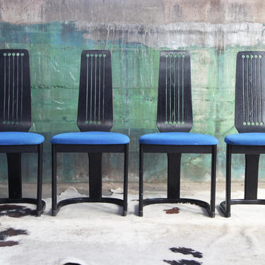 SET of 4 Norwegian Ebonized Post Modern Black dining chairs Mid Century Modern McM 80's Memphis Geometric high back Postmodern NORWAY Black 