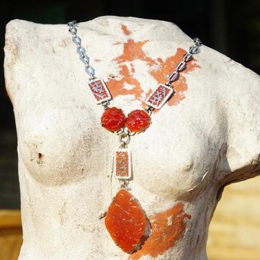 Vintage Art Deco Chinese Carved Carnelian Enamel Necklace, Floral Motifs, Chinese Symbols, Hexagonal Silver Links, Lariat/Y-Necklace, 17&amp;quot; L 
