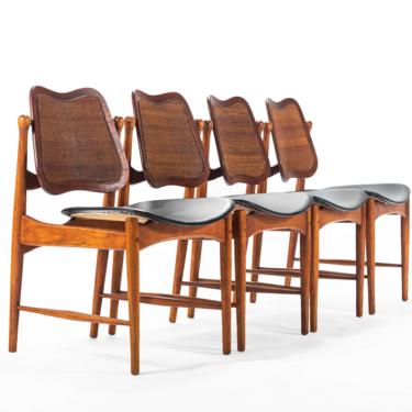 Set of 4 Arne Vodder Sculptural Chairs w/ a Cane Back and Brass Detailing, Denmark 