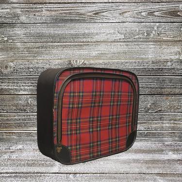 Vintage Tartan Plaid Suitcase, Mid Century Modern, 1960s Red &amp; Black Plaid Suitcase, Zip Top Vacation Travel Case, Vintage Luggage 