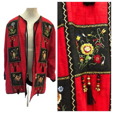 Vintage VTG 1980s 80s Red Silk Beaded Embroidered Tassel Duster Jacket Coat 