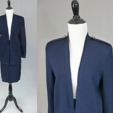 90s St. John Set - Navy Blue Long Cardigan Jacket and Skirt - Enamel Buttons w/ Goldtone Trim - Vintage 1990s - S 