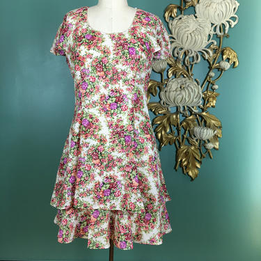 1990s chiffon dress, flapper style, vintage 90s dress, 2 tiered dress, sheer floral dress, flutter sleeves, medium, deadstock, 1920s style 