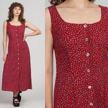90s Red Grunge Floral Sundress - XS to Small | Vintage Sleeveless Button Up Summer Maxi Dress 