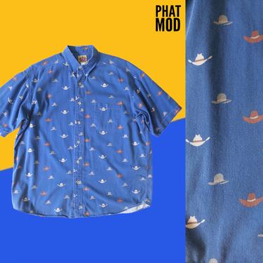 Fun Vintage 00s Blue Men's Short Sleeve Button Down Shirt with Cowboy Hat Novelty Print 