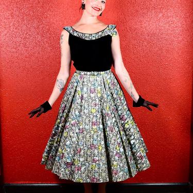 1950s Multicolor Velvet & Paper Taffeta Print Circle Dress 