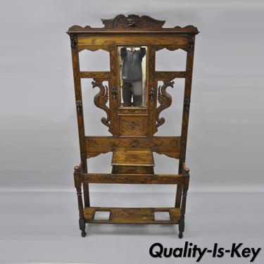 Antique Carved Griffin Oak Jacobean Renaissance Hall Tree Coat Umbrella Stand