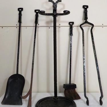 ANTIQUE Arts &amp; Crafts Forged CAHILL CAST IRON FIREPLACE TOOLS SET Art Deco Vtg