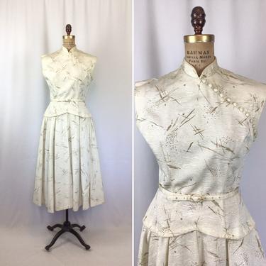 Vintage 50s dress | Vintage cream gold fit and flare dress | 1950s asian inspired cocktail party dress 