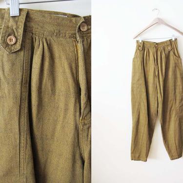 Vintage 80s High Waist Trouser Pants 28 - 1980s Mustard Gold Yellow Cotton Pants - Tapered Leg Pants - Normcore - 80s Clothing 