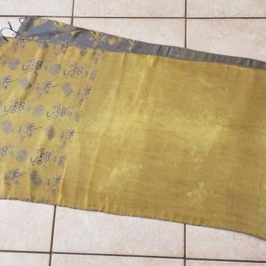 90s Silk Gold/Teal Long Fringed  Scarf  Asian Influenced 