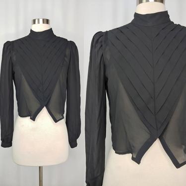 Vintage 80s Small Black Sheer Pleated Long Sleeve Blouse - Eighties Small Victorian Prairie Style High Collar Top 